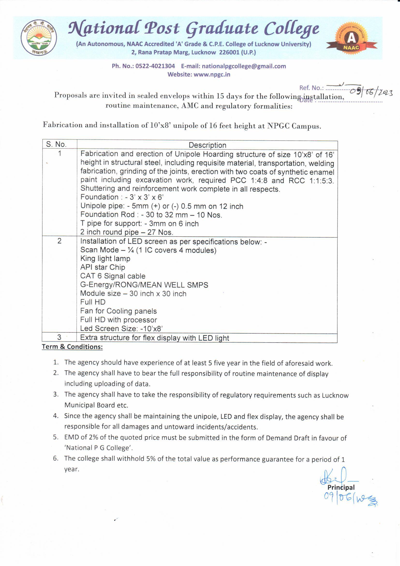 Tender Notice for Unipole and Digital Display